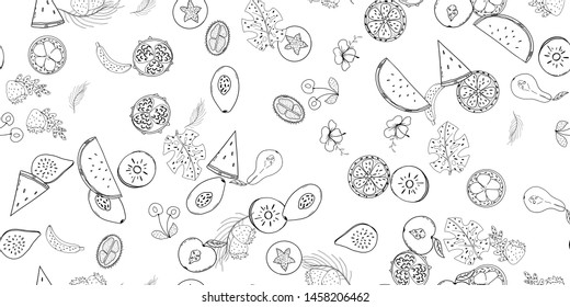 fruit line white and black pattern. Tropical fruits home textile design background