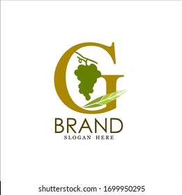 Logotipo de la fruta, logo de la uva, uva verde con "G" inicial, marca y fondo blanco