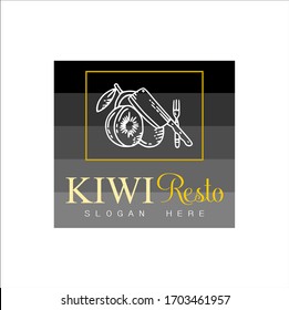  Logo de la fruta, logo de Kiwi. kiwi con cuchillo, tenedor, "KIWI Resto" inicial y fondo blanco