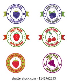 Fruit logo. Logos of blackberries, grapes, blueberries, strawberries, raspberries and sweet cherries. Vector round label fruit. Logo fruit in the form of a circle for a restaurant or shop