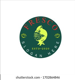 Fruit logo, pomegranate logo. yellow pomegranate with initial"FRESCO",two flower and white background