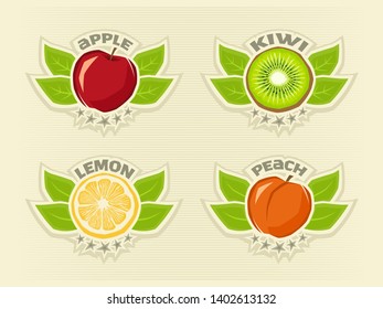 Fruit logo set lemon, kiwi, apple, peach