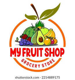 Obstlogo-Shop-Logo-Geschäft Orange Lebensmittelgeschäft Erdbeertraube Ananas Apfelananas Apfelbanana Wassermelon Avocado Logo 