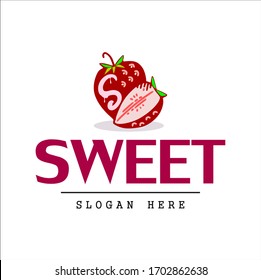  Fruit logo, strawberry logo. strawberry with initial"SWEET" and white background 