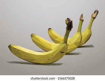 Fruit low poly vector of three bananas in high details. With grey color background. EPS 10. Ideal for poster and t-shirt.