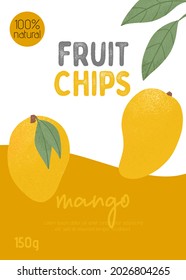 Fruit mango chips packaging design. Ripe mangos with leaves. Sweet mango fruits vector hand drawn card design. Mango with leaf. Juice or jam poster concept for farm market.