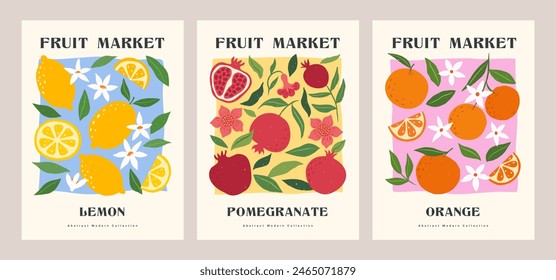 Fruit Market abstract retro posters set. Trendy contemporary wall arts with lemon, pomegranate orange in bright colors. Modern naive groovy interior painting. Hand drawn vintage fruits and plants. 