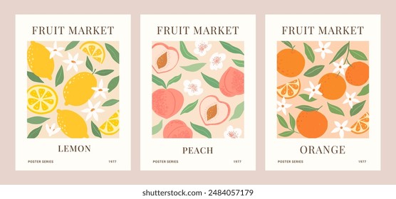 Fruit Market abstract retro posters set. Trendy contemporary wall arts with lemon, peach, orange in pastel colors. Modern naive groovy interior painting. Hand drawn vintage fruits and plants. 