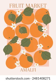 Fruit market Amalfi - retro citrus fruits poster. Trendy wall art design with oranges groovy fruits vector illustration.