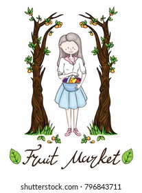 Fruit market concept vector illustration with a cute happy girl holding basket standing between two orange trees in a garden. Design invitation card or poster with lettering. Cartoon style art.