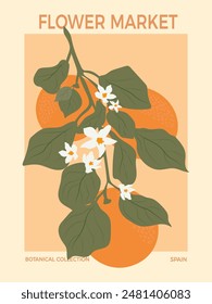 Estampado de póster de naranjas del mercado de frutas. Arte estético imprimible amarillo anaranjado para estampados de pared. Diseño retro de rama naranja. Ilustración vectorial.