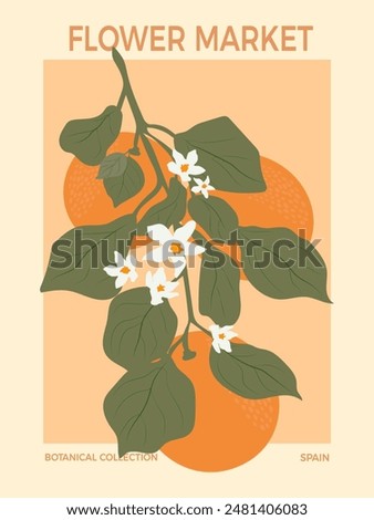 Fruit market oranges poster print. Orange yellow printable aesthetic art for wall prints. Retro groovy orange branch design. Vector illustration.