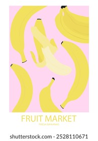 Fruit market poster of bananas - modern fruit print in aesthetic contemporary style. Trendy groovy vector illustration.