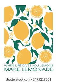 Fruit market poster. Citrus lemons retro groovy design for wall prints. Aesthetic vector illustration.