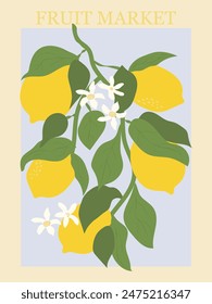 Fruit market poster. Lemons and leaves branch modern botanical wall print in aesthetic style. Retro groovy citrus fruit vector illustration.