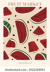 Cartel del mercado de frutas de sandías. Estampado botánico moderno en estilo estético. Ilustración vectorial estupenda.