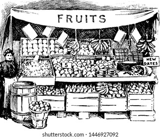 Fruit Market vintage engraved illustration. 