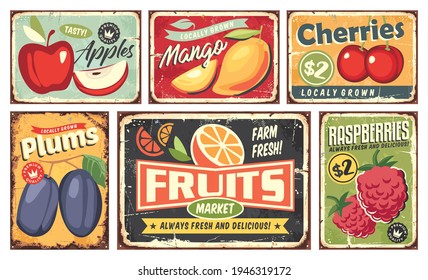 Fruit Market Vintage Signs Collection. Apple, Mango, Cherry, Orange, Plum And Raspberry Retro Posters Set. Fruit Plantation And Farm Vectors And Sign Labels.