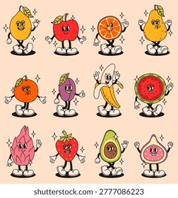 Fruit mascot characters in a groovy style. Apple, banana, fig, avocado, plum, pear, watermelon, and others. Flat vector illustration.