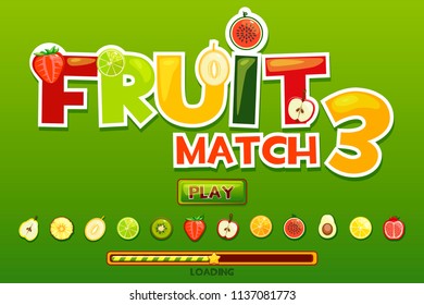 Fruit match 3 on background and fruits icons. Vector button play and loading game