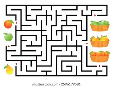 Fruit Maze Puzzle Game for Kids – Help the Fruits Find Their Baskets,Guide the peach, green apple, and pear through the maze to their matching fruit baskets. Perfect for educational materials