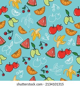 Fruit Medley Icons - Explore this hand-drawn vector set featuring vibrant fruit icons like mango, apple, cherry, banana, and watermelon on a refreshing blue background. Perfect for fresh and lively 