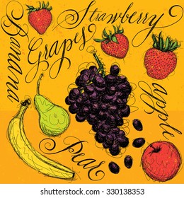 Fruit Medley
Sketchy, hand drawn banana, pear, apple, grapes, and strawberries with calligraphy.