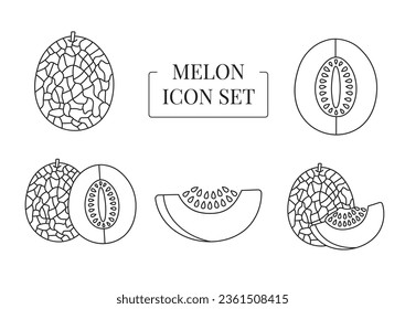 Fruit Melon whole and half, cut into slices, set of line icons in vector