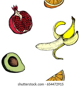 Fruit Menu - Banana, Pomegranate, Avocado and Orange - color graphic seamless pattern
