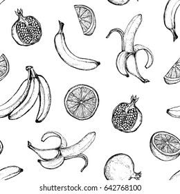 Fruit Menu - Pomegranate, Bananas And Oranges - graphic seamless pattern