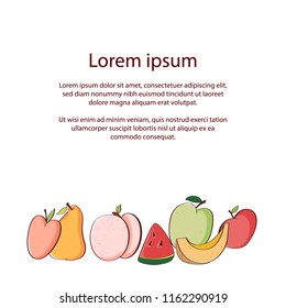 FRUIT MENU. Vegetables banner background. Hand drawn set of fruit. Vector artistic drawing food. Summer illustration red apple, yellow peach, melon, watermelon, pear, apricot, nectarine, green Apple.