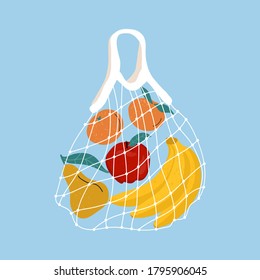 Fruit in a mesh bag. A variety of fresh tropical fruits in a reusable ECO bag. Vector stock illustration. Zero waste concept. Home delivery of healthy food. Zero waste, plastic free concept. 