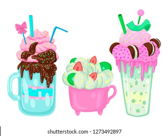 Fruit milk drinks in different glasses, are decorated with whipped cream and cookies, tubules and ice cream. Strawberry and chocolate cocoa.
