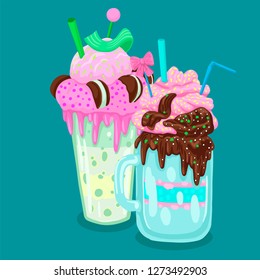 Fruit milk drinks in different glasses, are decorated with whipped cream and cookies, tubules and ice cream. Caramel and chocolate cocoa.