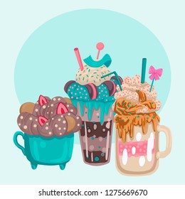 Fruit milk drinks in different glasses, are decorated with whipped cream and cookies, tubules and ice cream. Caramel and chocolate cocoa.