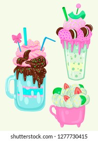 Fruit milk drinks in different glasses, are decorated with whipped cream and cookies, tubules and ice cream. Strawberry and chocolate cocoa.