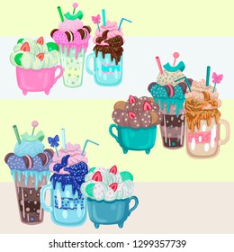 Fruit milk drinks in different glasses, are decorated with whipped cream and cookies, tubules and ice cream. Caramel and chocolate cocoa.