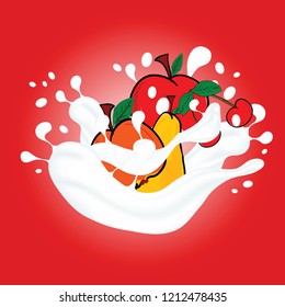 fruit in milk illustration art on red background