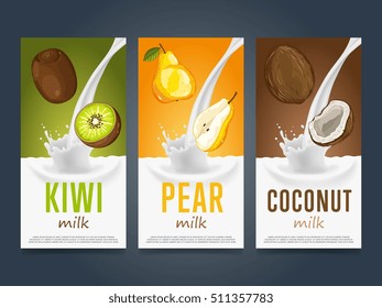 Fruit milk label. Kiwi, pear, coconut milkshake, milky dessert, yogurt or smoothie vector set template. Exotic sweet fruit in milk splash illustration. Dairy product merchandise original design
