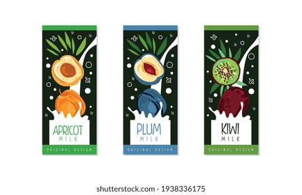 Fruit Milk Labels Set, Apricot, Plum, Kiwi Natural Dairy Products Banner, Branding, Packaging Templates Vector Illustration