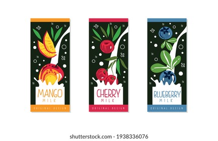 Etiquetas de la leche de frutas Set, Mango, cerezo, Blueberry Natural Dairy Products Banner, Branding, Packaging Templates Vector Illustración