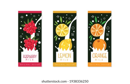 Fruit Milk Labels Set, Raspberry, Lemon, Orange Natural Dairy Products Banner, Branding, Packaging Templates Vector Illustration