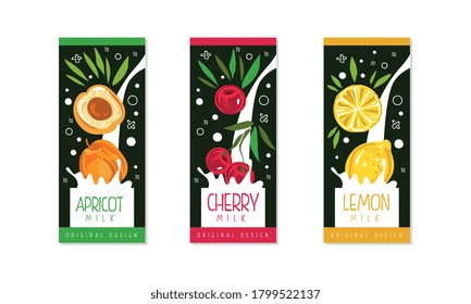 Conjunto de diseño de etiquetas de empaquetado de leche de fruta, albaricoquí, cereza, limón, producto lácteo natural orgánico fresco y saludable estilo de cartón vector Ilustración