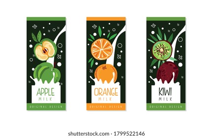 Fruit Milk Packaging Label Design Set, Apple, Orange, Kiwi Natural Organic Fresh Healthy Dairy Products Cartoon Style Vector Illustration