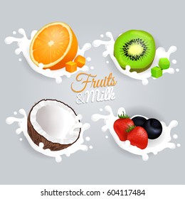 Fruit and milk set concept on light grey background. Halves of orange fruit, green kiwi, brown coconut, whole red strawberries and blueberries splashing in white milk. Vector poster of fresh fruit