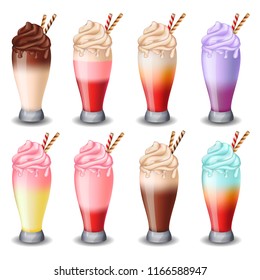 fruit milk shake set vanilla, chocolate, strawberries, banana, blueberries, kiwi on white background
