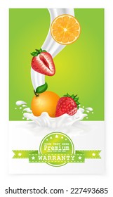 Fruit in milk splash over green banners. Vector. 