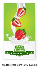 Fruit in milk splash over green banners. Vector. 