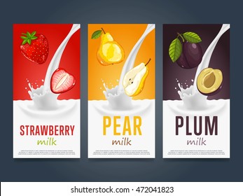 Fruit milkshake label. Strawberry, pear, plum sweet dessert cocktail drink vector banner isolated set. Refreshment beverage product package design illustration. Milkshake manufacturer identity label
