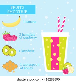 Fruit milkshake recipe. Menu element for cafe or restaurant with energetic fresh drink made in flat style. Fresh juice for healthy life. Organic raw shake. Vector illustration.